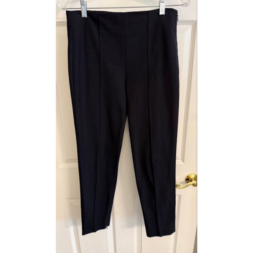 Theory black pants w/slit hems pin-tucked front straight fit side zipper size 6